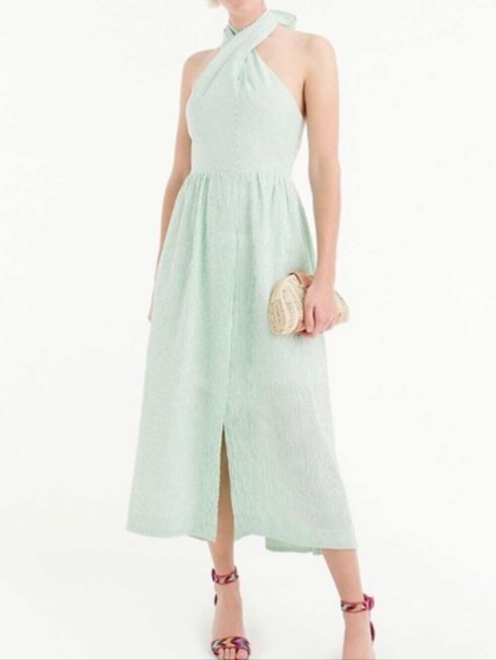 J.crew NWT Green Seersucker Saron Halter Midi Dress Size 4.